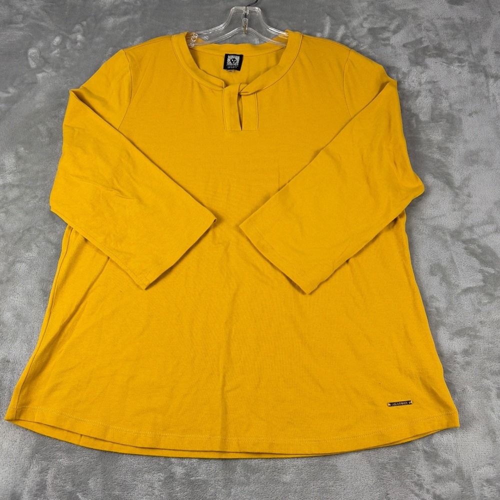 Anne Klein Sport Mustard Yellow Split Neck 3/4 Sleeve Top XL Cotton Stretch